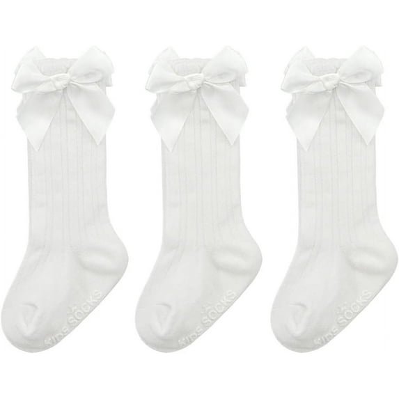Minzimin 3Pairs Baby Knee High Socks Girls Bow Ruffled Tube Socks Toddlers Infant School Uniform Leggings Long Stockings