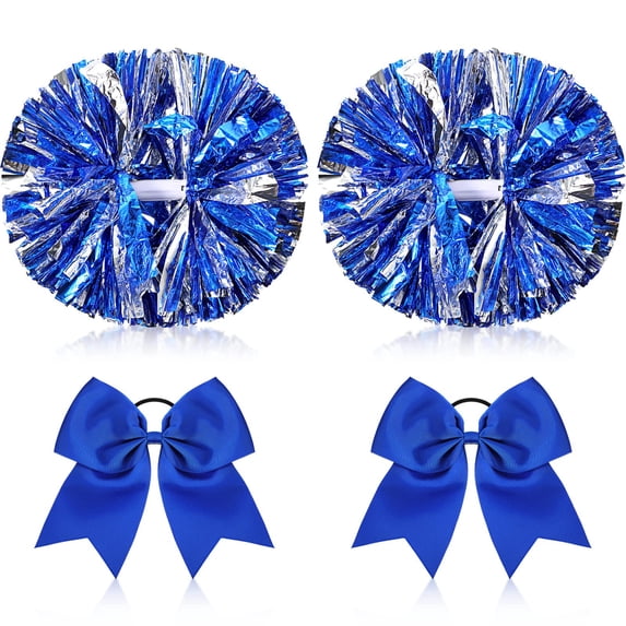 Minzimin 4 Pcs 14" Cheerleading Pom Poms with Hair Bows | 2 Metallic Cheerleader Pompoms with Baton Handle, 2 Large Bows, for Cheering School Team Spirit Sports Games Dancing Party