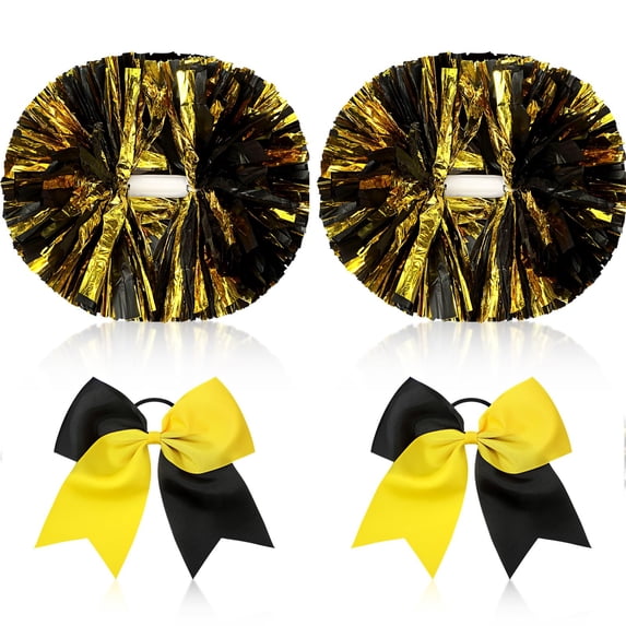 Minzimin 4 Pcs 14" Cheerleading Pom Poms with Hair Bows | 2 Metallic Cheerleader Pompoms with Baton Handle, 2 Large Bows, for Cheering School Team Spirit Sports Games Dancing Party