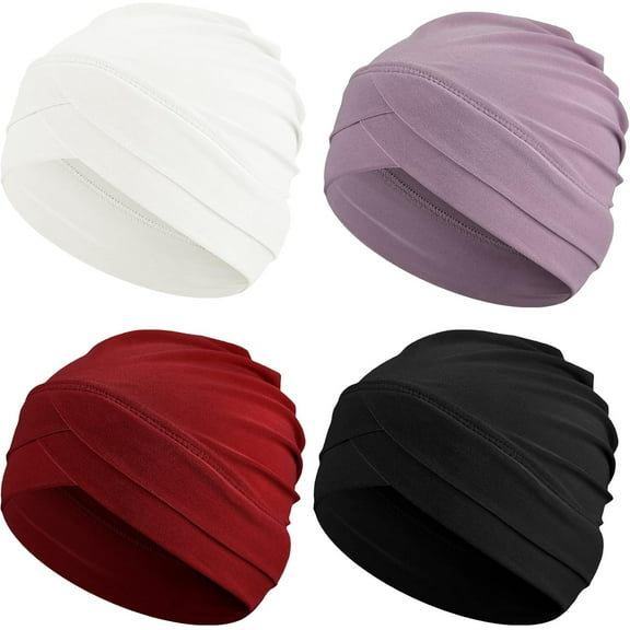 Minzimin 4 Pcs Turbans for Women Chemo Headwear Cancer Hats Stretchy Turban Headwrap Soft Pre Tied Knot Pleated Sleep Cap