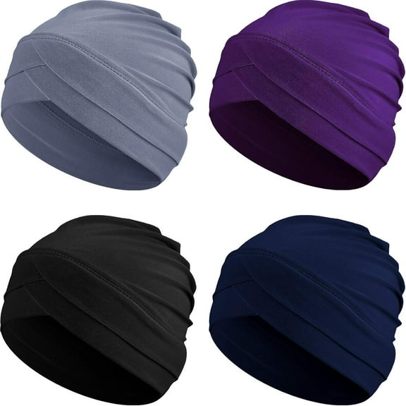 Minzimin 4 Pcs Turbans for Women Chemo Headwear Cancer Hats Stretchy Turban Headwrap Soft Pre Tied Knot Pleated Sleep Cap