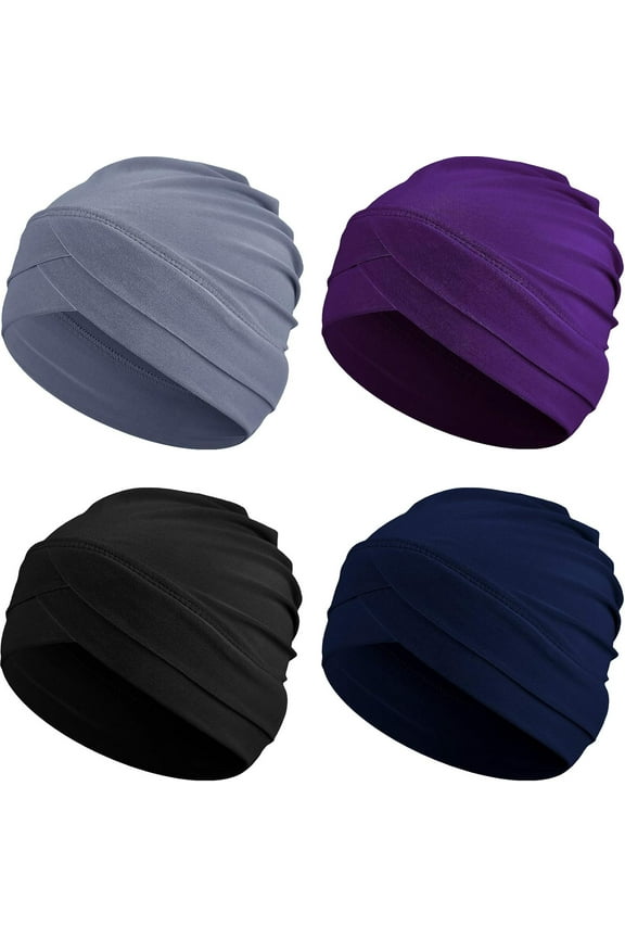Minzimin 4 Pcs Turbans for Women Chemo Headwear Cancer Hats Stretchy Turban Headwrap Soft Pre Tied Knot Pleated Sleep Cap
