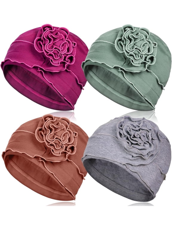 4 Pieces Cotton Chemo Turban Headwear, Soft Cancer Headwear Elastic Cancer Cap for Women with Hair Loss