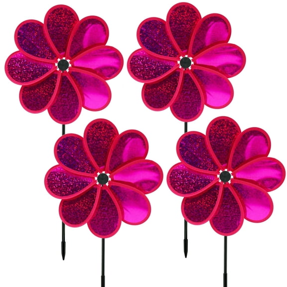 Minzimin 4PCS Flower Wind Spinner Sparkly Lawn Pinwheel 11.8 inch Colorful Rainbow Garden Windmill for Garden, Party, Outdoor, Yard Decor,bird repellent