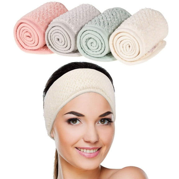 Minzimin 4Pcs Spa Facial Headband Super Absorption Makeup Hair Wrap Adjustable Coral Fleece Hair Band Soft Towel Head Band for Face Washing Shower Sports