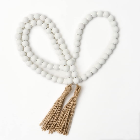 Minzimin 59in Wood Bead Garland with Tassels, Decorative Beads Decor, Farmhouse Wooden Beads Garland for Wall Hanging Home Festival Decor