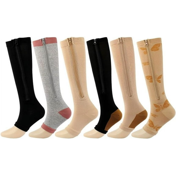 Minzimin 6 Pairs Zipper Compression Socks for Women Men Open Toe Compression Stockings Toeless Compression Socks for Circulation