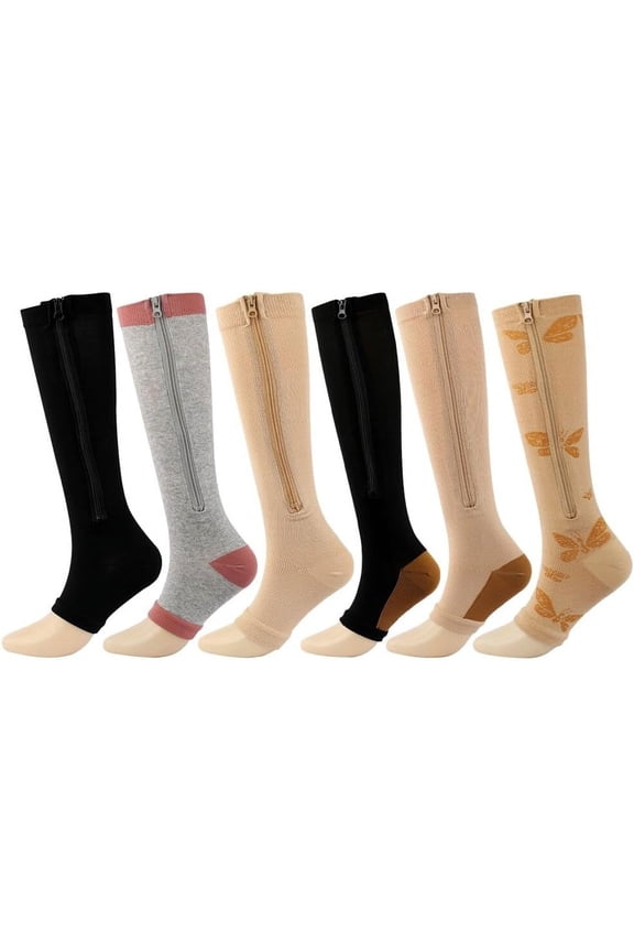 6 Pairs Zipper Compression Socks for Women Men Open Toe Compression Stockings Toeless Compression Socks for Circulation