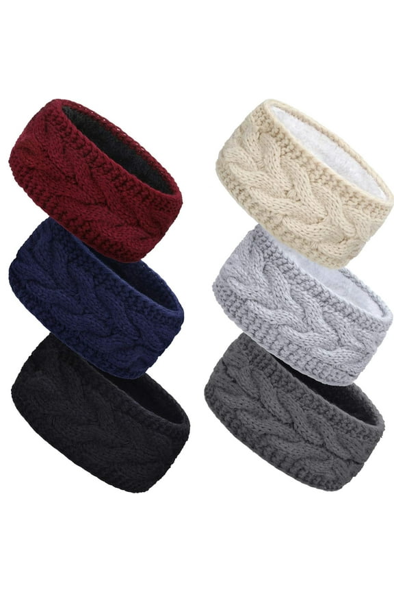 6 Pieces Womens Headbands Winter Fleece Lined Winter Ear Warmer Headband Cable Knit Ear Warmer Thick Head Wrap for Women girl Cold Weather (Classic Colors)