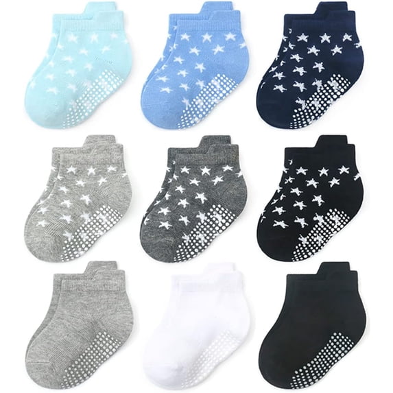 Minzimin 9Pairs Baby Boys Girls Non Slip Socks,Infant Toddler Kids Grip Ankle Stretch Socks for Kids 0-5 Years