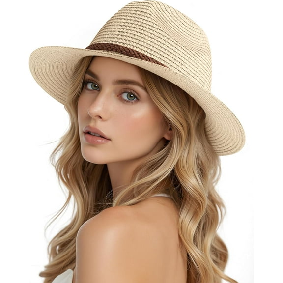 Minzimin Beach Hats for Women - Sun Straw Fedora Hats for Women, Packable Sun Hat Womens with Chin Strap, UPF 50 