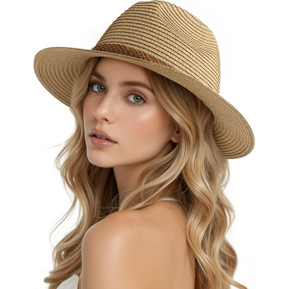 Minzimin Beach Hats for Women - Sun Straw Fedora Hats for Women, Packable Sun Hat Womens with Chin Strap, UPF 50+