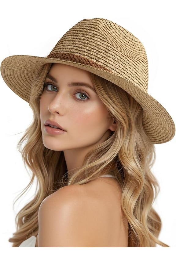 Beach Hats for Women - Sun Straw Fedora Hats for Women, Packable Sun Hat Womens with Chin Strap, UPF 50+
