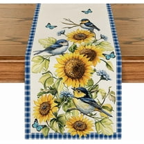 Minzimin Buffalo Plaid Bird Butterfly Sunflower Spring Table Runner, Seasonal Summer Kitchen Dining Table Decoration for Home Party Decor