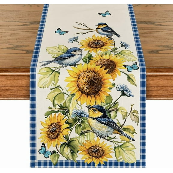 Minzimin Buffalo Plaid Bird Butterfly Sunflower Spring Table Runner, Seasonal Summer Kitchen Dining Table Decoration for Home Party Decor