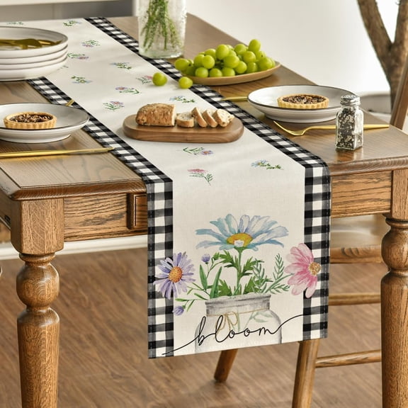 Minzimin Buffalo Plaid Daisy Vase Spring Table Runner,Seasonal Summer Floral Kitchen Dining Table Decoration for Home Party Decor