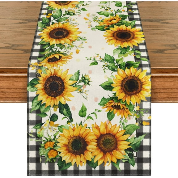Minzimin Buffalo Plaid Sunflower Table Runner, Summer Fall Seasonal Kitchen Dining Table Decoration for Indoor Outdoor Home Party Decor