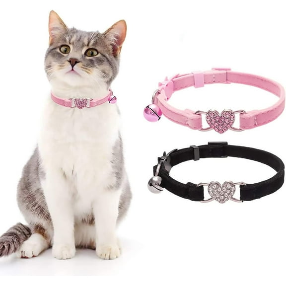 Minzimin Cat Collar Breakaway with Bell, Pack of 2 Heart Bling Collar Safety with Soft Velvet Adjustable for Kittens