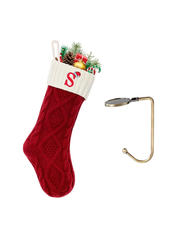 Christmas Stockings with Initials, Letter Embroidered Xmas Stocking, 18" Large Monogram Knitted Xmas Stocking, Christmas Party Fireplace Family Hanging Stocking Decoration