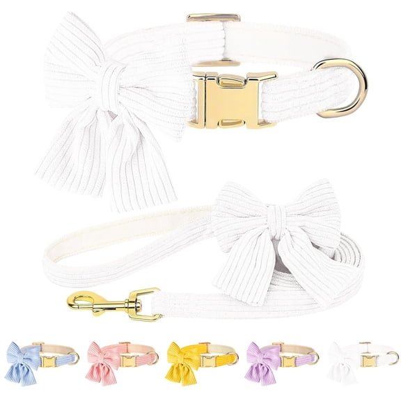 Minzimin Dog Collar and Leash Set with Bowtie, Soft & Cute Puppy Collar, Cotton Puppy Collar with Adjustable Metal Buckle for Small, Medium Dog