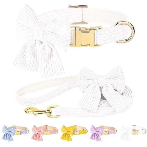 Minzimin Dog Collar and Leash Set with Bowtie, Soft & Cute Puppy Collar, Cotton Puppy Collar with Adjustable Metal Buckle for Small, Medium Dog
