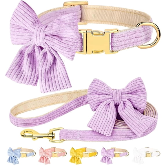 Minzimin Dog Collar and Leash Set with Bowtie, Soft & Cute Puppy Collar, Cotton Puppy Collar with Adjustable Metal Buckle for Small, Medium Dog