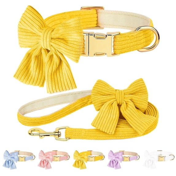 Minzimin Dog Collar and Leash Set with Bowtie, Soft & Cute Puppy Collar, Cotton Puppy Collar with Adjustable Metal Buckle for Small, Medium Dog