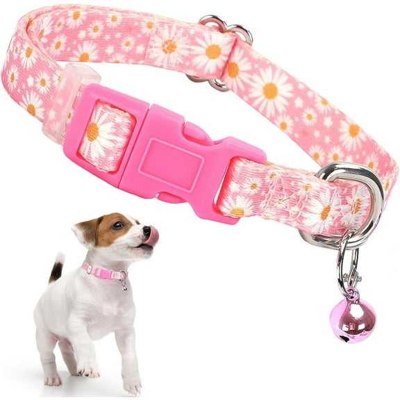 Minzimin Flower XXS xs Dog Collar with Bell, Soft Adjustable Puppy Collar Tiny Cat Collars with Bells for XS Small Girl and boy Dogs Little Animal,XSmall