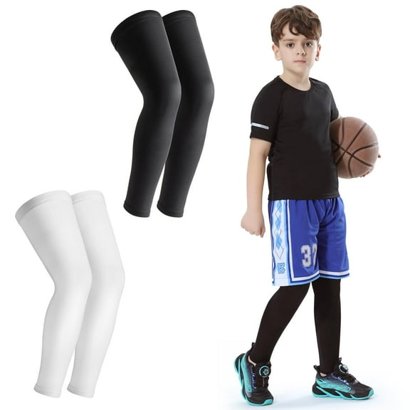 Minzimin Kid Leg Sleeve 2 Pairs, Long Compression Leg Sleeve for Youth Boy Girl Basketball Soccer Football