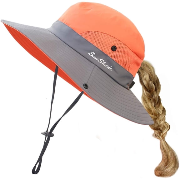 Minzimin Kids Girls Sun Hat UV Protection Wide Brim Beach Cap with Ponytail Hole