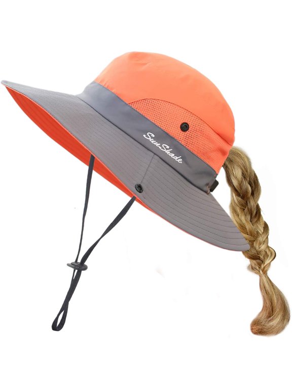 Kids Girls Sun Hat UV Protection Wide Brim Beach Cap with Ponytail Hole