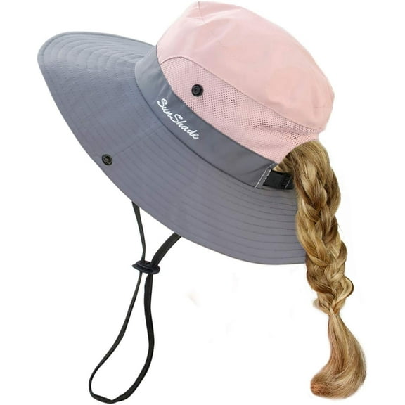 Minzimin Kids Girls Sun Hat UV Protection Wide Brim Beach Cap with Ponytail Hole