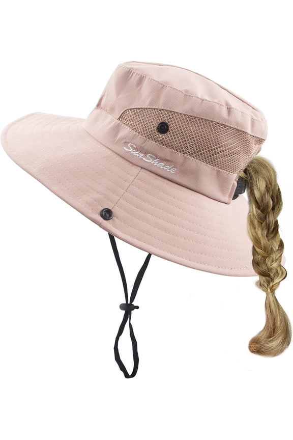 Kids Girls Sun Hat UV Protection Wide Brim Beach Cap with Ponytail Hole