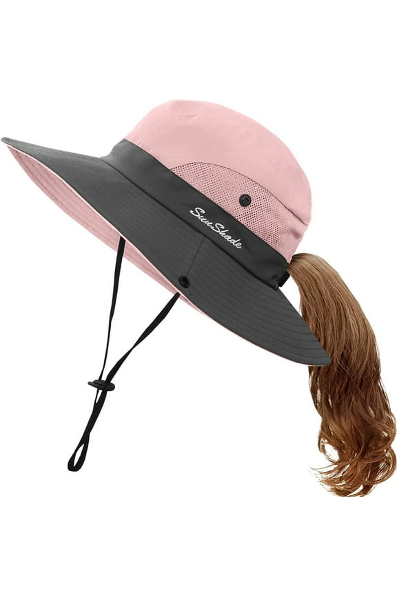 Kids UV Sun Hat with Ponytail Hole UPF 50 Bucket Cap for Girls Summer Beach & Fishing for Ages 4~14 Girls