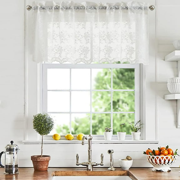 Minzimin Lace Valances for Windows  Antique Floral Cafe Sheer Lace Curtains Scalloped Valances for Living Room Bedroom, Bathroom Rod Pocket 52 W x 18 L Inch 1 Panel
