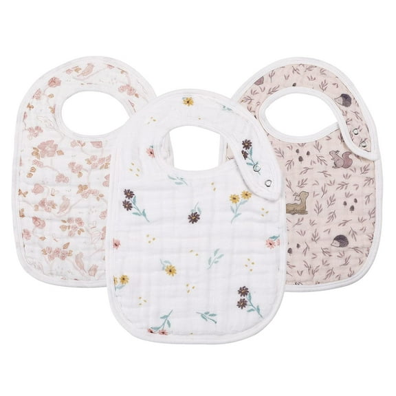 Minzimin Muslin Bibs for Girls, 3-Pack Baby Bibs for Infants, Newborns and Toddlers, 100% Cotton Muslin Absorbent & Soft Layers, Adjustable Snaps