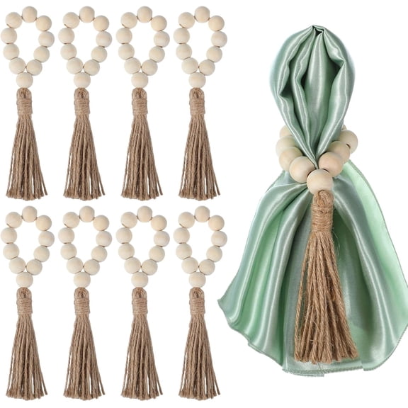 Minzimin Napkin Rings Set of 8, Boho Wooden Napkin Rings with Jute Rope Tassels, Farmhouse Rustic Napkins Ring for Christmas Thanksgiving Easter Wedding Home Dining Holiday Dinner Party Table Decor