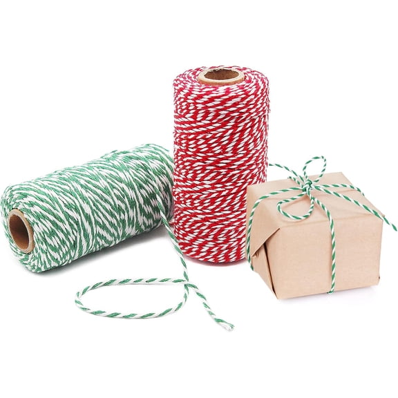 Minzimin Pack of 2 Cotton Twine and Packing String Christmas Xmas Twine Rope Ribbon Cord for Baking, Butchers, DIY Crafts Wrapping Ornaments Hanging 656 ft Long