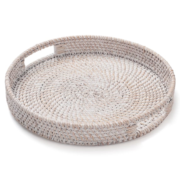 Minzimin Rattan Round Serving Tray, Decorative Coffee Table Tray, Ottoman Hand Woven Serving Basket with Handles, Wicker Fruit/Bread Serving Basket, 11.8 inch