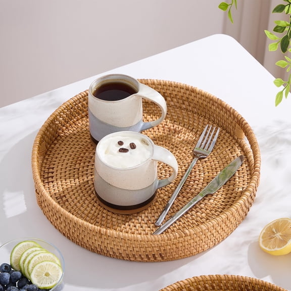 Minzimin Round Rattan Serving Tray,Hand-Woven Tray with Handles, Ottoman Decorative Coffee Table Tray,Wicker Storage Basket for Tea,Fruit,Bread (11.8")