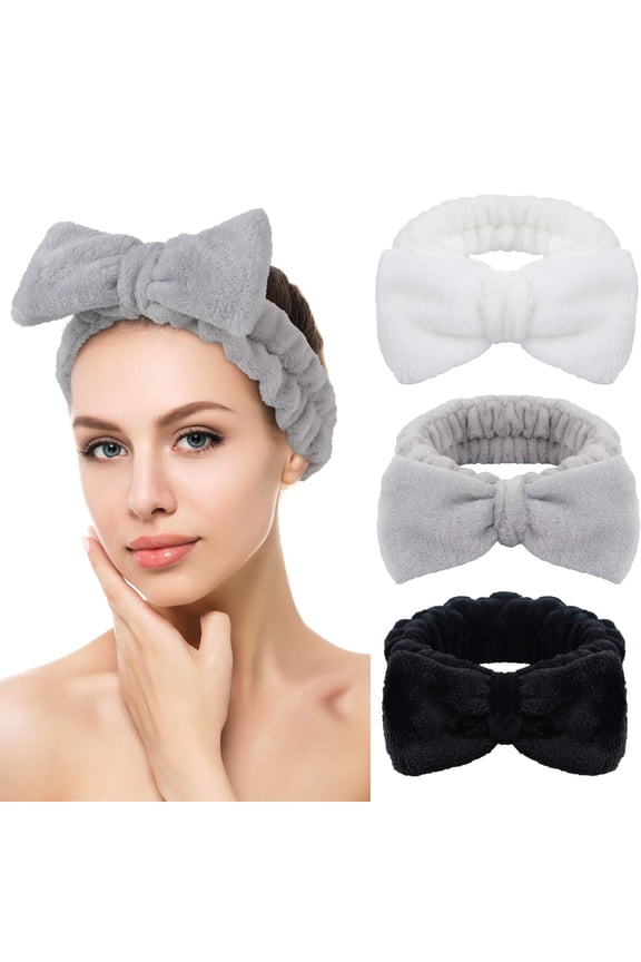Spa Facial Headband Bow Hairband for Women and Girls Facial Makeup and Washing Face Elastic Head Wrap for Sports Yoga Shower 3Pack Black