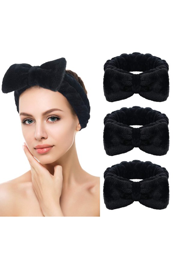 Spa Facial Headband Bow Hairband for Women and Girls Facial Makeup and Washing Face Elastic Head Wrap for Sports Yoga Shower 3Pack Black