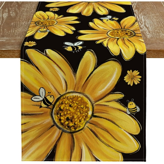 Minzimin Sunflower Yellow Bee Seasonal Farmhouse Black Burlap Indoor Kitchen Anniversary Dining Table Decor for Home Party