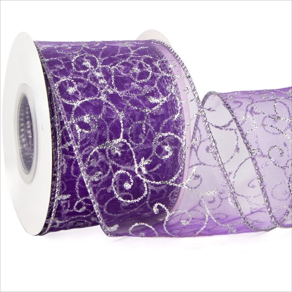 Minzimin Swirl Glitter Wired Ribbon, Organza Sheer with Glitter Swirl Pattern and Gold Metallic Edge,2-1/2Inch x 10Yards Christmas Ribbon for Tree Decoration