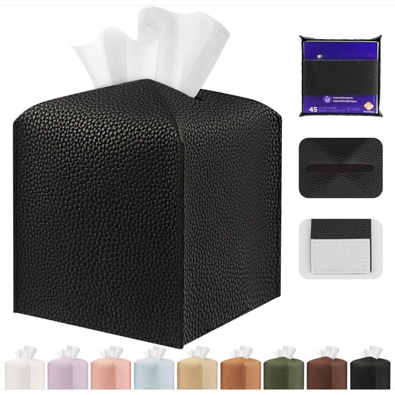Minzimin Tissue Box Cover Holder Square Tissue Cube Cover PU Leather Tissue Organizer with Bottom Belt for Bathroom, Tabletop, Car, Night Stands, Office, Home, Kitchen,1/ 2Pack