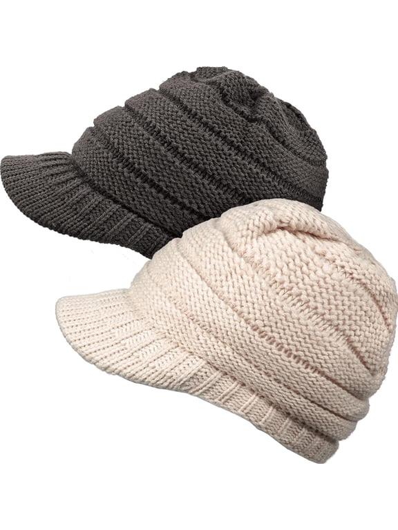 Women/Man Winter Knit Hat Winter Brim Beanie Hats for Women Slouchy Beanie Cap with Visor Warm Newsboy Skull Cap