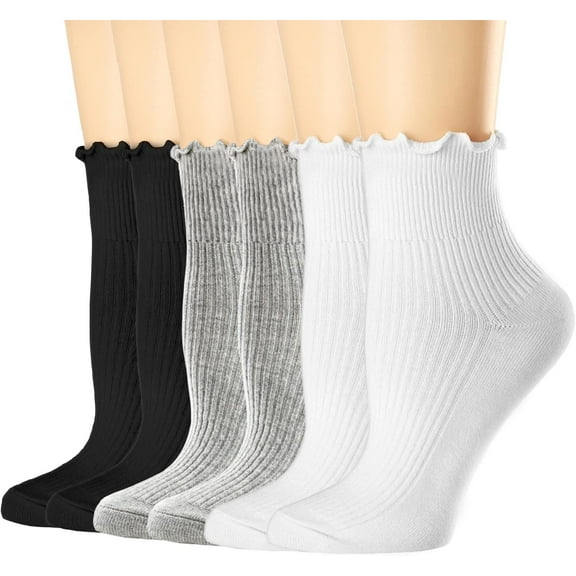 Minzimin Womens Socks, Ruffle Turn-Cuff Casual Ankle Breathable Cool Knit Cotton Lettuce Crew Frilly Sock 6 Pack