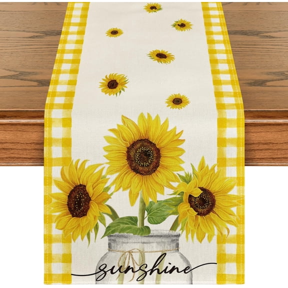 Minzimin Yellow Buffalo Plaid Sunflower Sunshine Vase Summer Table Runner, Spring Kitchen Dining Table Decoration for Home Party Decor