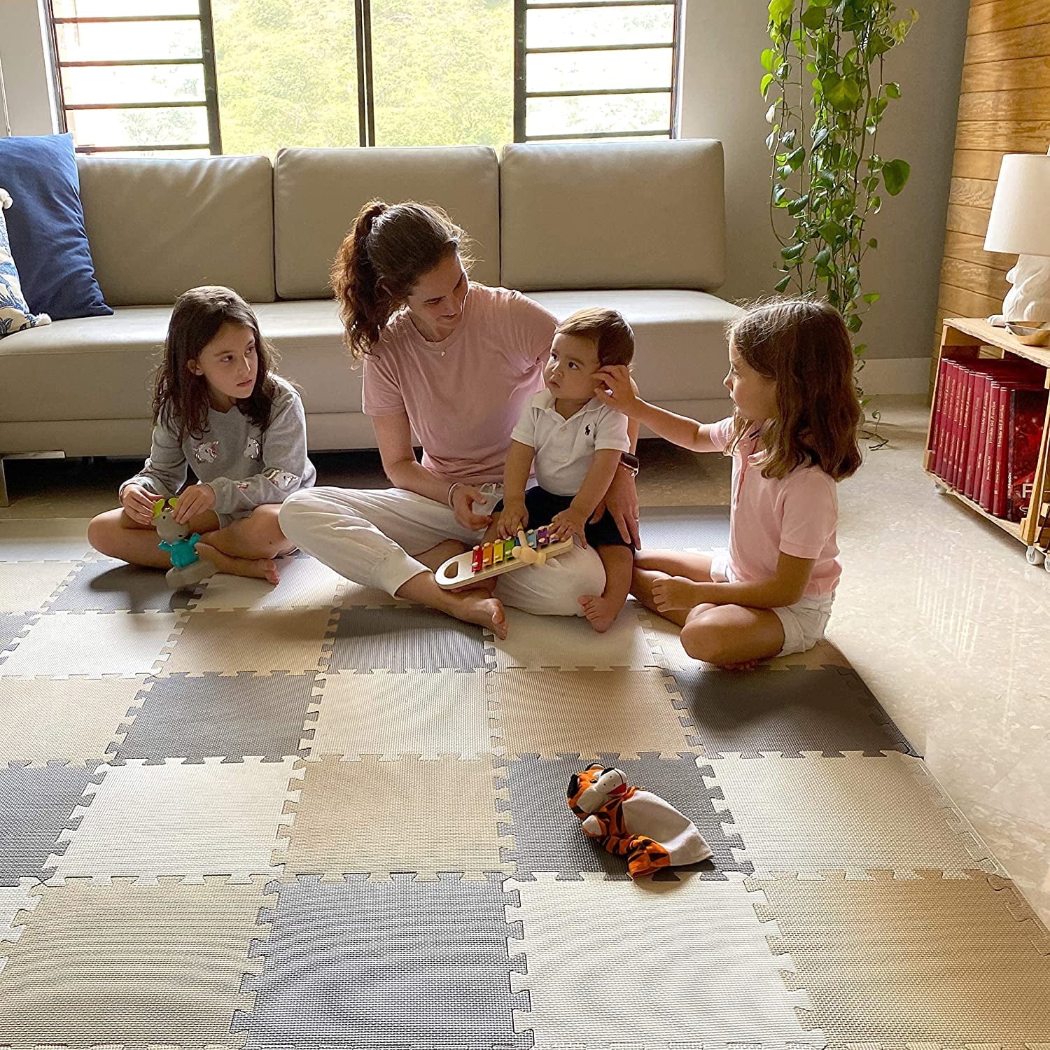 Walmart Coupons of MioTetto Non-Toxic Foam Play Mat for Babies & Kids, Interlocking Puzzle Tiles, Cream-Gray-Beige, 18 Pieces – Perfect for Tummy Time, Crawling, Nursery, Playroom, or Gym