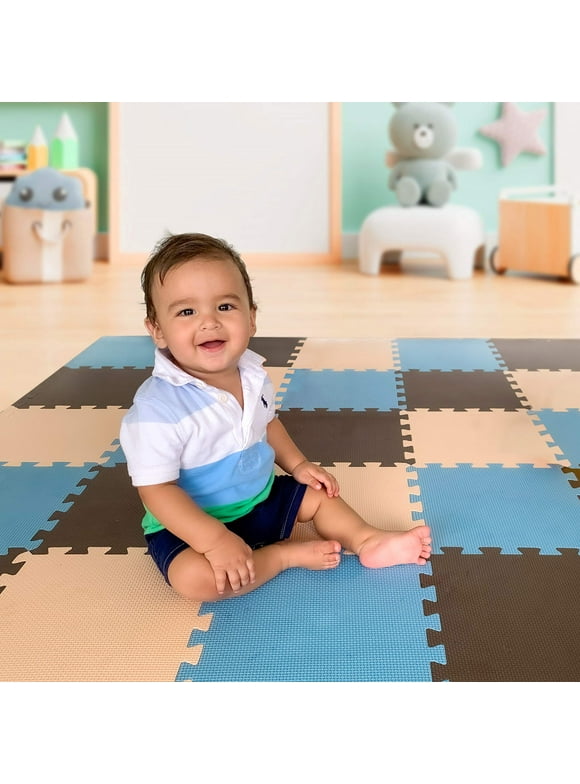 MioTetto Soft Non-Toxic Foam Interlocking Puzzle Play Mat for Kids & Babies to be used as Gym, Nursery or Playroom. Blue-Brown-Beige, 18-Tiles